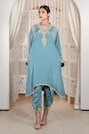 Shop_Daljit Sudan_Blue Crepe Embroidery V-neck Tilla Phiran And Tulip Pant Set 