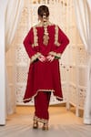 Shop_Daljit Sudan_Red Crepe Embroidery, Zari V-neck Tilla Phiran And Pant Set _at_Aza_Fashions