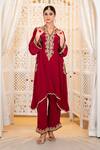 Buy_Daljit Sudan_Red Crepe Embroidery, Zari V-neck Tilla Phiran And Pant Set _Online_at_Aza_Fashions