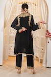 Shop_Daljit Sudan_Black Crepe Embroidery V-neck Tilla Phiran Kurta And Pant Set _at_Aza_Fashions