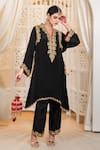 Shop_Daljit Sudan_Black Crepe Embroidery V-neck Tilla Phiran Kurta And Pant Set _Online_at_Aza_Fashions