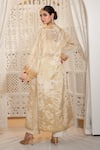 Shop_Daljit Sudan_Off White Satin, Organza Embroidery Split V-neck Tissue Tilla Kurta Set _at_Aza_Fashions