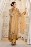 Shop_Daljit Sudan_Gold Tissue, Crepe Embroidery, Zari High Neck Tilla Crushed Kurta Set 