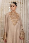 Shop_Daljit Sudan_Gold Tissue, Satin Embroidery V-neck Crushed Tilla Kurta Set _Online_at_Aza_Fashions