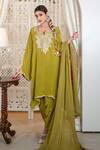Shop_Daljit Sudan_Green Crepe, Georgette Embroidery Split V-neck Aari Kurta Salwar And Dupatta Set _Online_at_Aza_Fashions