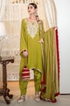 Shop_Daljit Sudan_Green Crepe, Georgette Embroidery Split V-neck Aari Kurta Salwar And Dupatta Set 