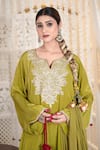 Daljit Sudan_Green Crepe, Georgette Embroidery Split V-neck Aari Kurta Salwar And Dupatta Set _Online