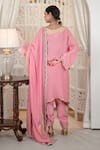 Shop Daljit Sudan Pink Silk, Chanderi, Georgette Kashmiri Aari Kurta, Pant And Dupatta Set at Aza Fashions Shop_Daljit Sudan_Pink Silk, Chanderi, Georgette Kashmiri Aari Kurta, Pant And Dupatta Set _at_Aza_Fashions
