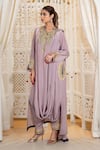 Buy_Daljit Sudan_Lavender Crepe Embroidery Mandarin Collar Cowl Kurta And Pant Set With Aari _at_Aza_Fashions