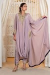 Shop_Daljit Sudan_Lavender Crepe Embroidery Mandarin Collar Cowl Kurta And Pant Set With Aari _Online_at_Aza_Fashions
