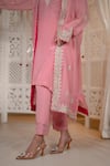 Daljit Sudan_Pink Crepe, Organza Embroidery V-neck Kashmiri Aari Jacket Kurta Pant Set _Online_at_Aza_Fashions