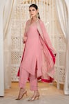 Buy_Daljit Sudan_Pink Crepe, Organza Embroidery V-neck Kashmiri Aari Jacket Kurta Pant Set _Online_at_Aza_Fashions