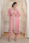 Shop_Daljit Sudan_Pink Crepe, Organza Embroidery V-neck Kashmiri Aari Jacket Kurta Pant Set _Online_at_Aza_Fashions