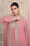 Daljit Sudan_Pink Crepe, Organza Embroidery V-neck Kashmiri Aari Jacket Kurta Pant Set _at_Aza_Fashions