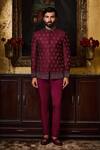 Buy_Histori_Burgundy Silk, Cotton, Lycra Geometric Jodhpuri Bandhgala With Trouser _at_Aza_Fashions