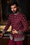 Buy_Histori_Burgundy Silk, Cotton, Lycra Geometric Jodhpuri Bandhgala With Trouser _Online_at_Aza_Fashions