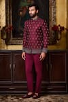 Shop_Histori_Burgundy Silk, Cotton, Lycra Geometric Jodhpuri Bandhgala With Trouser _Online_at_Aza_Fashions