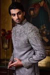 Shop_Histori_Gray Silk, Cotton, Lycra Embroidery, Beads, Jodhpuri Bandhgala And Pant Set _Online_at_Aza_Fashions