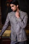 Histori_Gray Silk, Cotton, Lycra Embroidery, Beads, Jodhpuri Bandhgala And Pant Set _at_Aza_Fashions