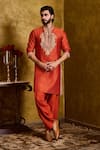 Buy_Histori_Orange Chanderi, Cotton, Silk Applique, Embroidery, Beads Kasab Kurta Set _at_Aza_Fashions