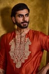 Histori_Orange Chanderi, Cotton, Silk Applique, Embroidery, Beads Kasab Kurta Set _at_Aza_Fashions