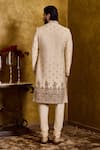 Histori_Beige Tussar, Cotton, Silk Embroidery, Beads Woven Booti Sherwani Set _Online_at_Aza_Fashions