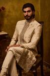 Shop_Histori_Beige Tussar, Cotton, Silk Embroidery, Beads Woven Booti Sherwani Set _Online_at_Aza_Fashions