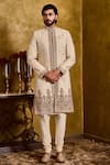 Buy_Histori_Beige Tussar, Cotton, Silk Embroidery, Beads Woven Booti Sherwani Set _at_Aza_Fashions