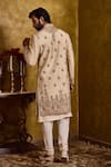 Histori_Beige Tussar, Cotton, Silk Embroidery, Beads Woven Sherwani Set _Online_at_Aza_Fashions