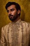 Shop_Histori_Beige Tussar, Cotton, Silk Embroidery, Beads Woven Sherwani Set _Online_at_Aza_Fashions