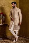 Histori_Beige Tussar, Cotton, Silk Embroidery, Beads Woven Sherwani Set _at_Aza_Fashions