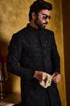Shop_Histori_Black Silk, Cotton, Lycra Embroidery, Beads, Crystals Raw Sherwani Set _Online_at_Aza_Fashions