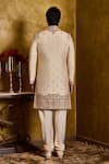 Histori_Beige Tussar, Cotton, Silk Embroidery, Beads Woven Booti Sherwani Kurta Set _Online_at_Aza_Fashions