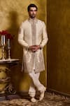 Buy_Histori_Beige Tussar, Cotton, Silk Embroidery, Beads Woven Booti Sherwani Kurta Set _at_Aza_Fashions