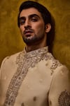 Buy_Histori_Beige Tussar, Cotton, Silk Embroidery, Beads Woven Booti Sherwani Kurta Set _Online_at_Aza_Fashions