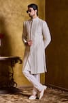 Shop_Histori_Ivory Silk, Cotton Embroidery, Beads Zig Zag Resham And Dabka Sherwani Set _Online_at_Aza_Fashions