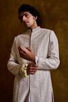 Shop_Histori_Ivory Silk, Cotton Embroidery, Beads, Zari Raw Sherwani Kurta Set _Online_at_Aza_Fashions