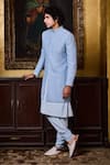Histori_Sky Blue Silk, Cotton Embroidery, Beads Sherwani And Kurta Set _Online_at_Aza_Fashions