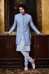 Buy_Histori_Sky Blue Silk, Cotton Embroidery, Beads Sherwani And Kurta Set _at_Aza_Fashions
