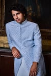Buy_Histori_Sky Blue Silk, Cotton Embroidery, Beads Sherwani And Kurta Set _Online_at_Aza_Fashions