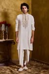 Buy_Histori_Ivory Cotton, Silk Embroidery Kasab Kurta And Dhoti Pant Set _at_Aza_Fashions