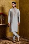 Buy_Histori_Gray Cotton, Silk Embroidery Kasab Kurta And Churidar Set _at_Aza_Fashions
