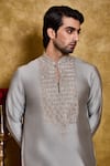 Shop_Histori_Gray Cotton, Silk Embroidery Kasab Kurta And Churidar Set _Online_at_Aza_Fashions
