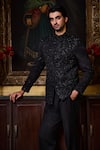 Buy_Histori_Black Silk, Cotton, Lycra Beads, Crystals, Tonal Floral Bandhgala And Pant Set _Online_at_Aza_Fashions