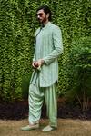 Histori_Green Georgette, Silk, Viscose Embroidery, Beads Open Sherwani Jacket Set _at_Aza_Fashions