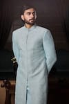 Shop_Histori_Blue Silk, Cotton, Lycra Embroidery, Beads, Crystals Geometric Sherwani Set _Online_at_Aza_Fashions