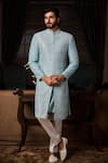 Buy_Histori_Blue Silk, Cotton, Lycra Embroidery, Beads, Crystals Geometric Sherwani Set _at_Aza_Fashions