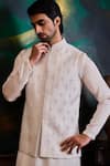 Histori_White Silk, Satin Embroidery, Beads, Crystals Geometric Bundi Kurta Set _at_Aza_Fashions