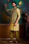 Buy_Histori_Olive Green Silk, Cotton Embroidery, Beads Resham And Beadwork Bundi Kurta Set _Online_at_Aza_Fashions
