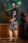 Shop_Histori_Black Dupion, Cotton, Silk Printed Kurta And Churidar Set _Online_at_Aza_Fashions
